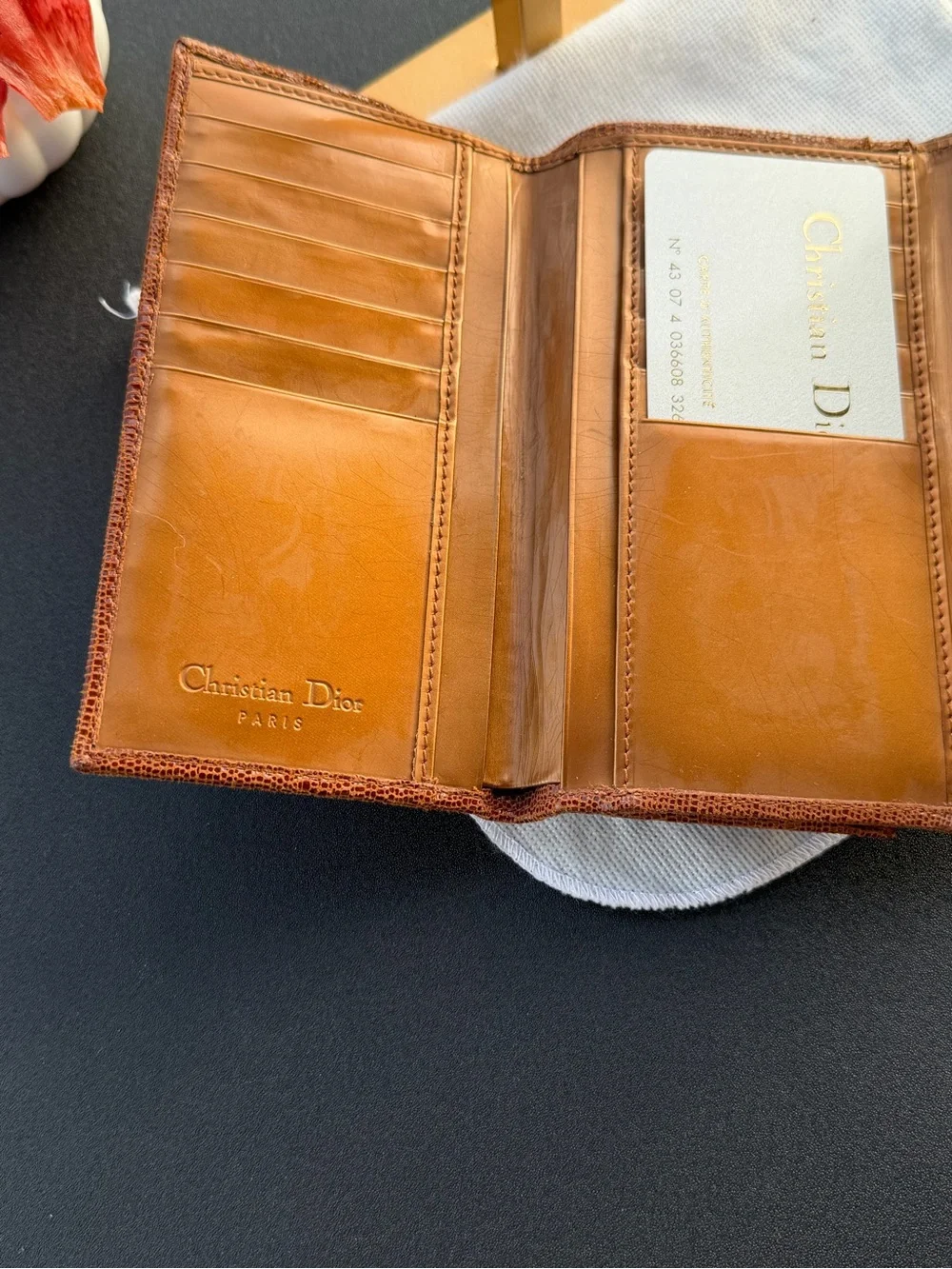 Dior Tan Leather Bi-Fold Wallet with Lizard-Trim
